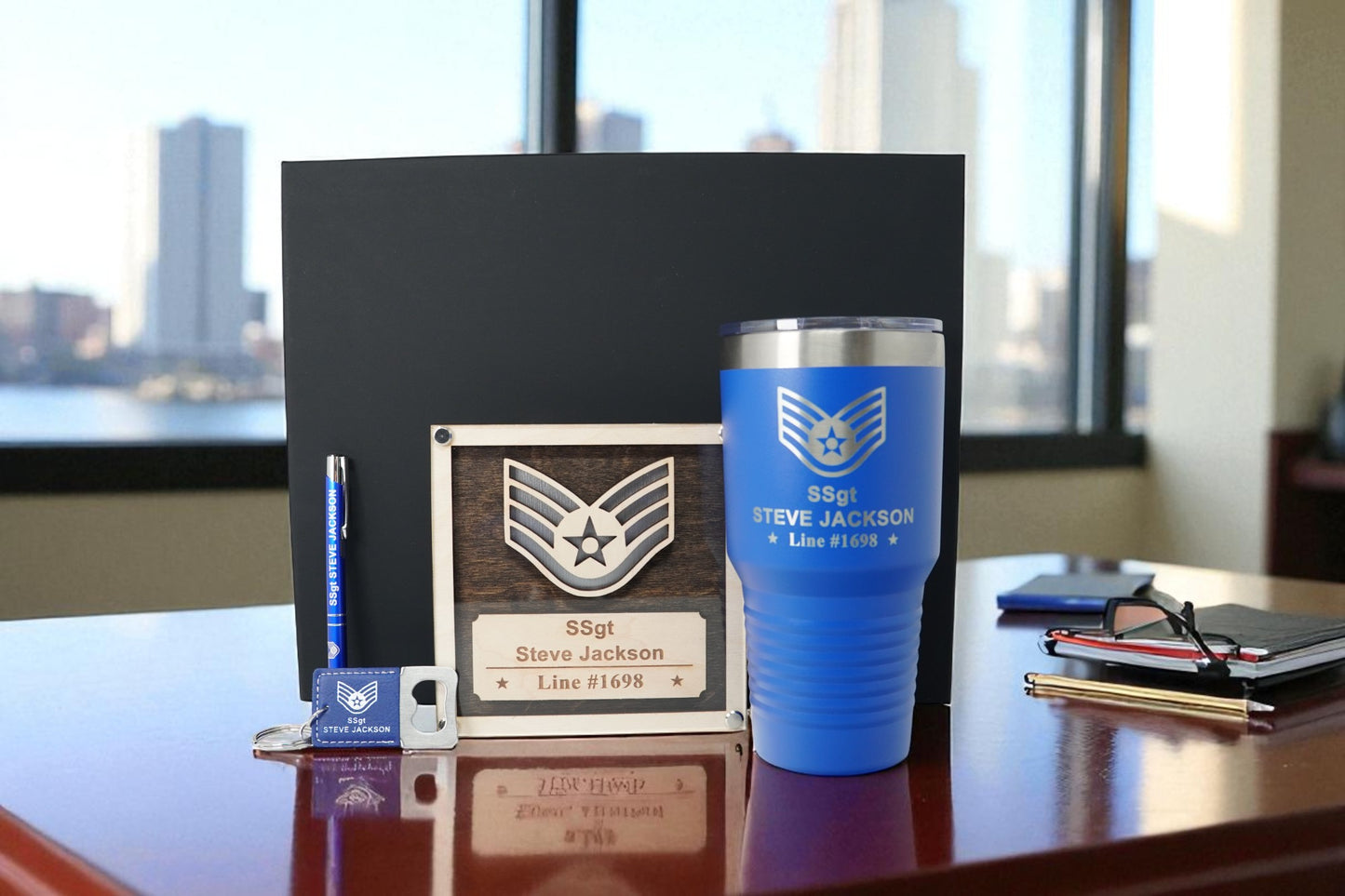 Air Force Promotion Gift Set – Personalized USAF Plaque + 30oz Tumbler, Engraved Pen & Keychain, Custom Gift Box