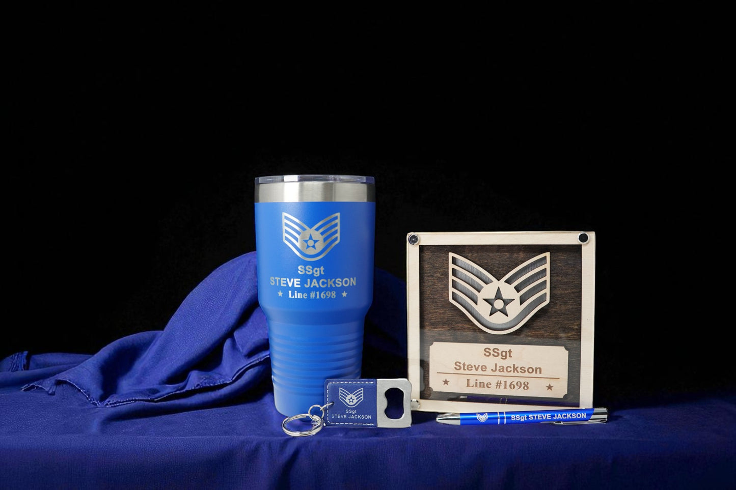 Air Force Promotion Gift Set – Personalized USAF Plaque + 30oz Tumbler, Engraved Pen & Keychain, Custom Gift Box