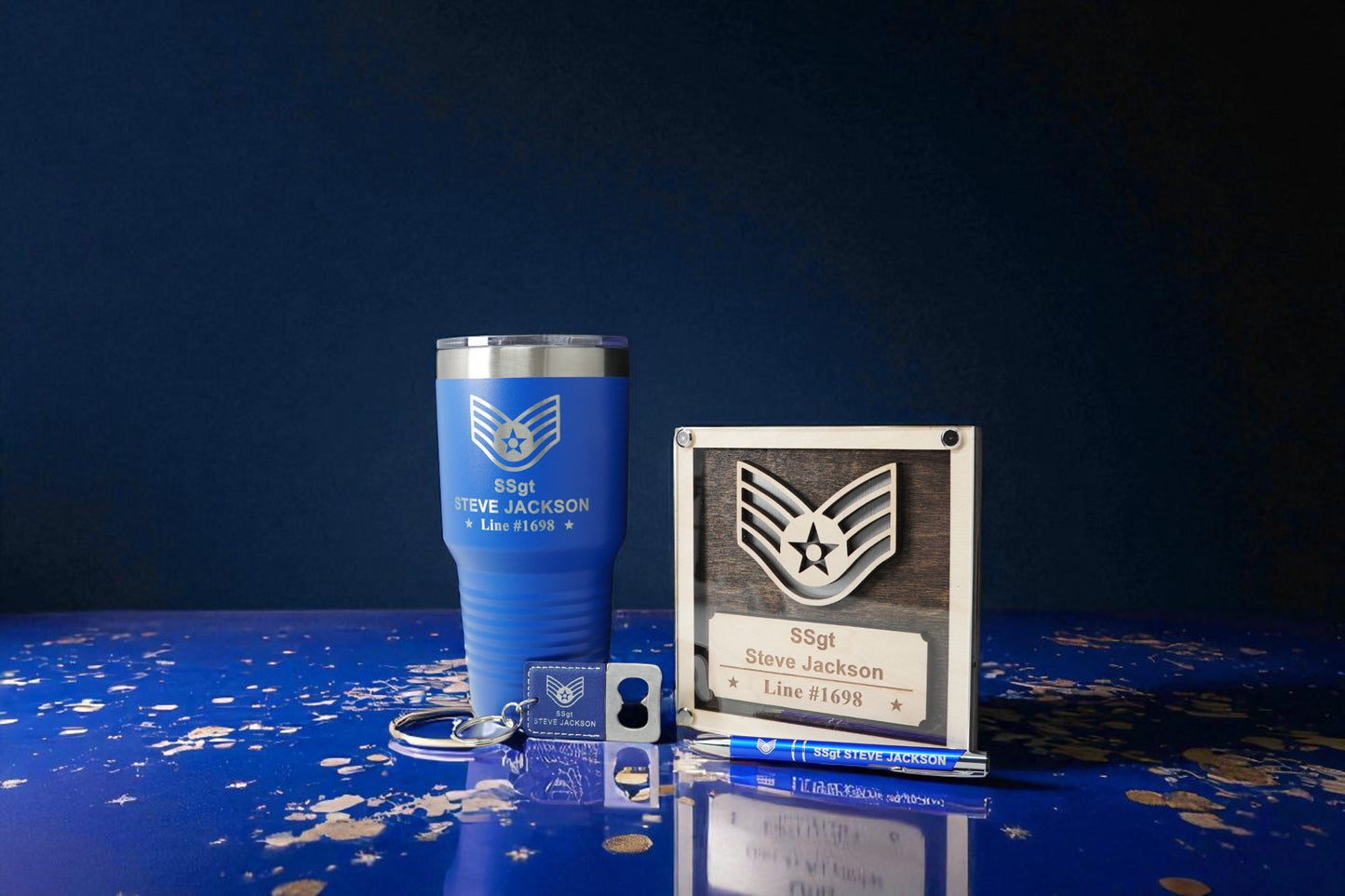 Air Force Promotion Gift Set – Personalized USAF Plaque + 30oz Tumbler, Engraved Pen & Keychain, Custom Gift Box