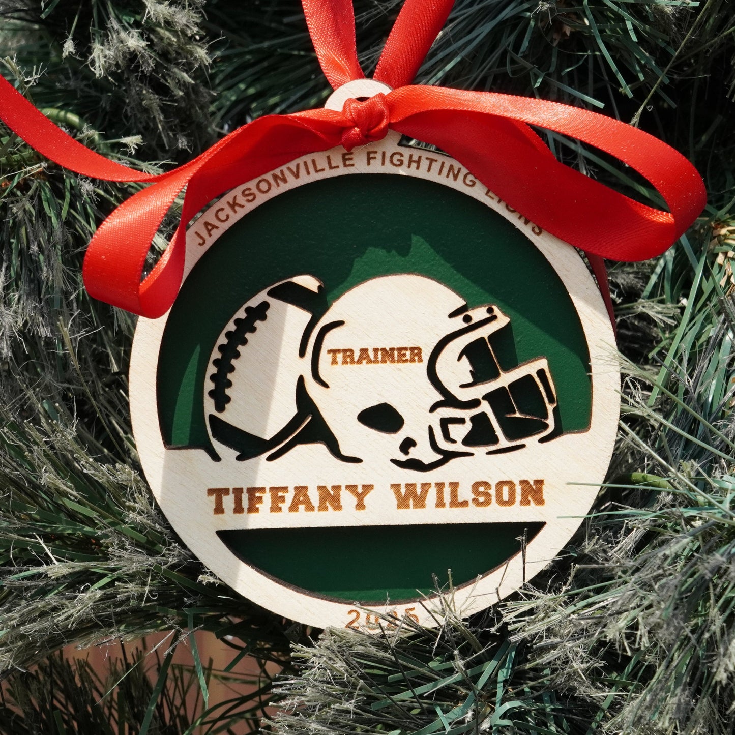 Decorative Christmas ornament with a red ribbon on a tree