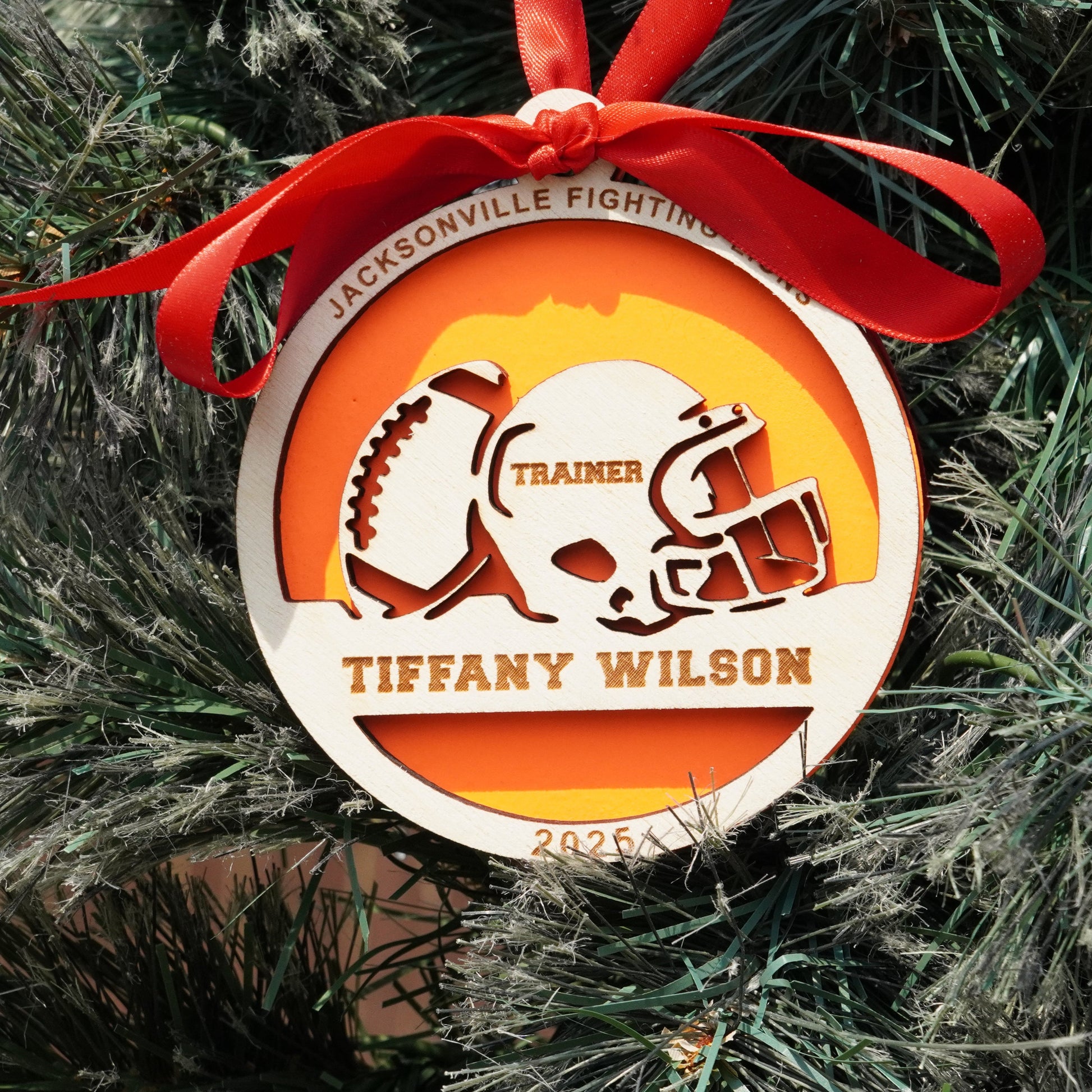 Decorative Christmas ornament with a red ribbon on a tree