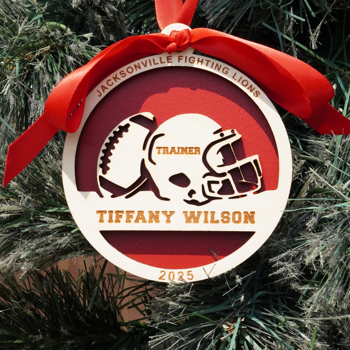 Decorative Christmas ornament with a red ribbon on a tree, featuring text and graphics.