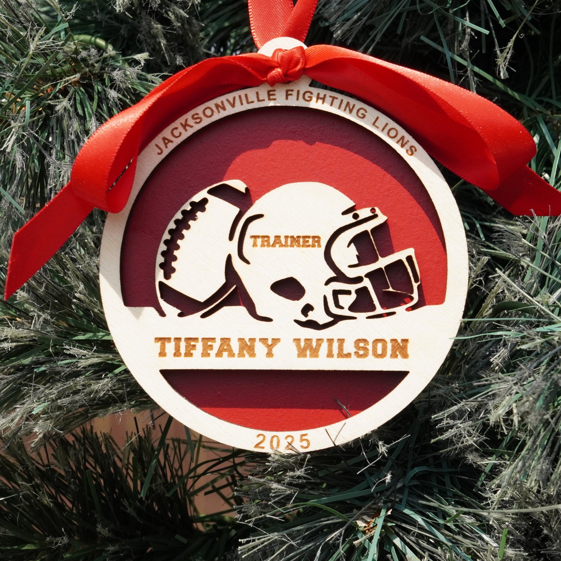Decorative Christmas ornament with a red ribbon on a tree, featuring text and graphics.