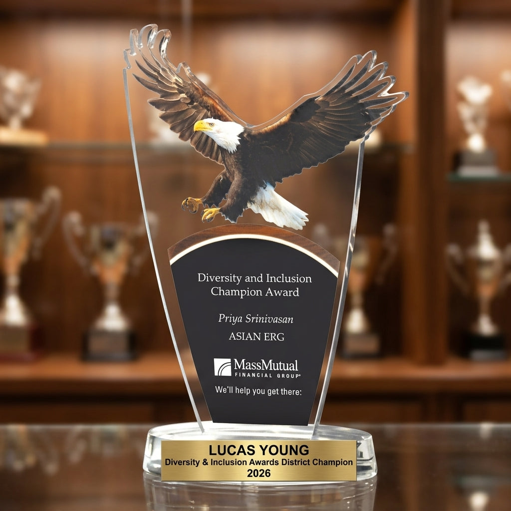 Front view of a personalized Diversity & Inclusion Awards award in resin, custom engraved with the recipient's name and achievement — featuring Engraved D&I Champion Trophy, a popular choice for Diversity & Inclusion committees for Annual recognition galas