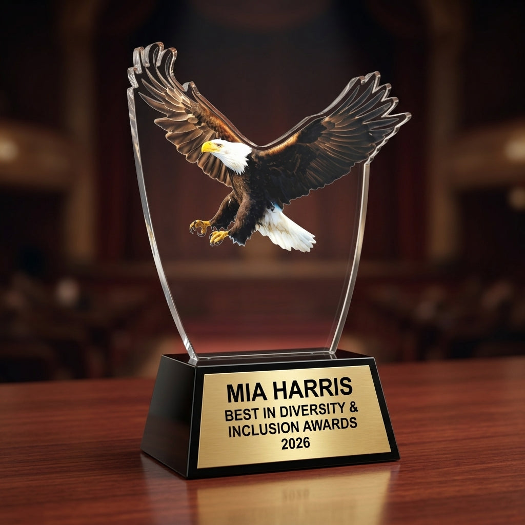 Personalized Diversity & Inclusion Awards award angled view showing the resin finish and custom engraving detail — featuring Acrylic Eagle Recognition Award, a popular choice for Corporate event planners for Employee appreciation events