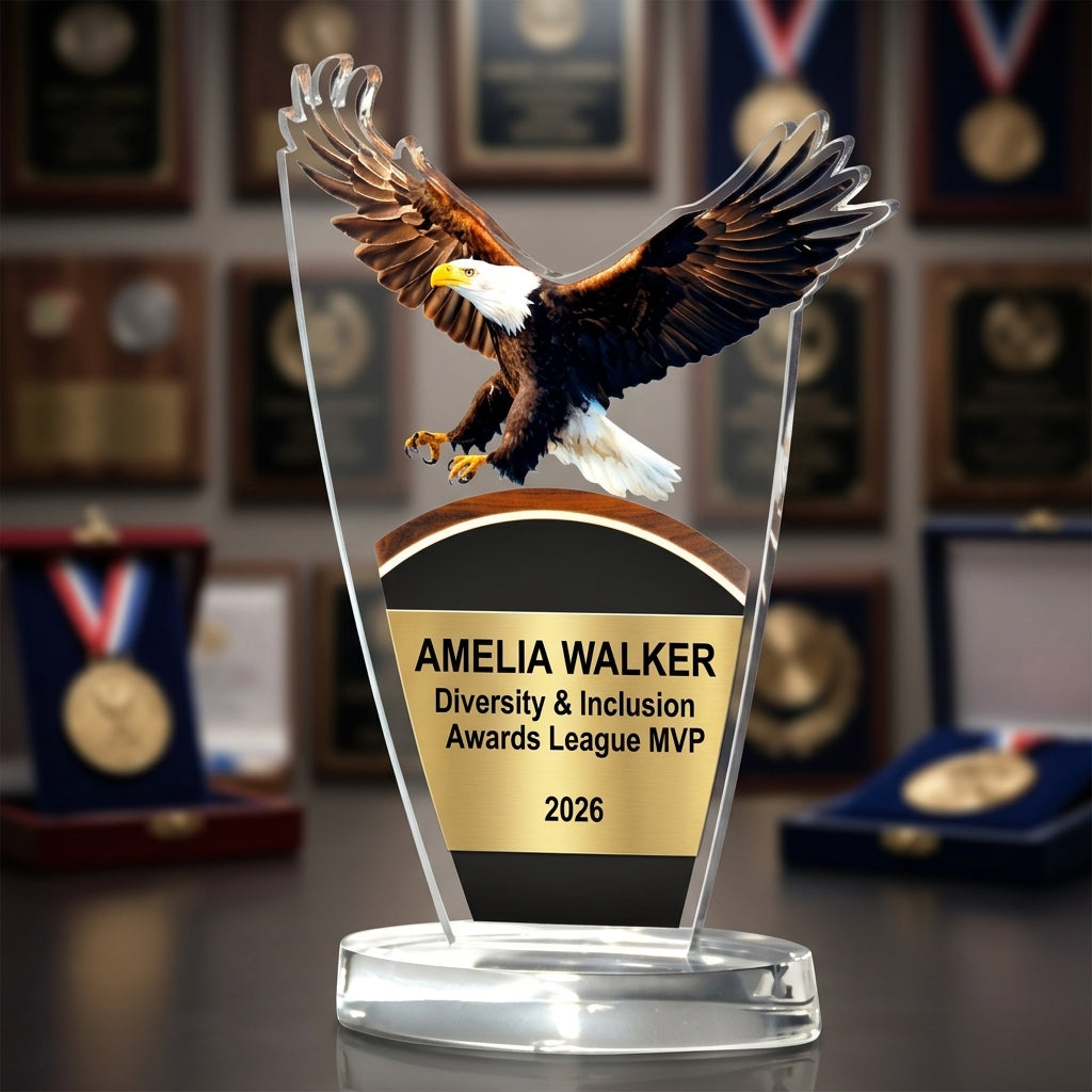 Close-up of the custom engraved name plate on a personalized Diversity & Inclusion Awards award (resin) — featuring Corporate Leadership Diversity Award, a popular choice for Business owners for Leadership conferences