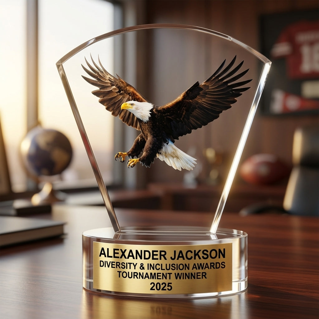 Personalized Diversity & Inclusion Awards award additional detail view, an acrylic award featuring a majestic bald eagle, designed for personalized recognition of individuals or groups championing diversity and inclusion in a corporate environment, engraved in resin — featuring Custom D&I Achievement Plaque, a popular choice for Employee Resource Groups for Corporate award ceremonies