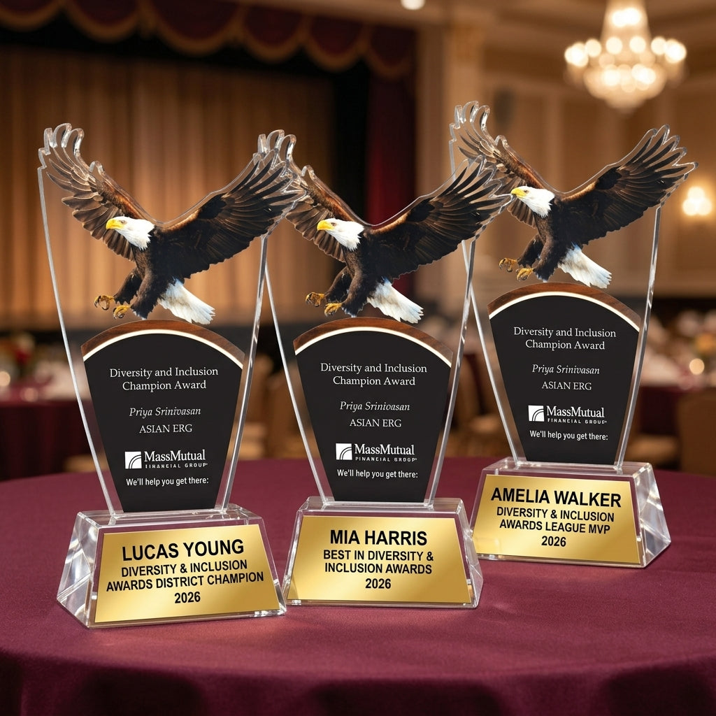 Multiple personalized Diversity & Inclusion Awards awards displayed together for a banquet or team order, each custom engraved in resin — featuring Personalized Diversity and Inclusion Award, a popular choice for HR departments for D&I summits