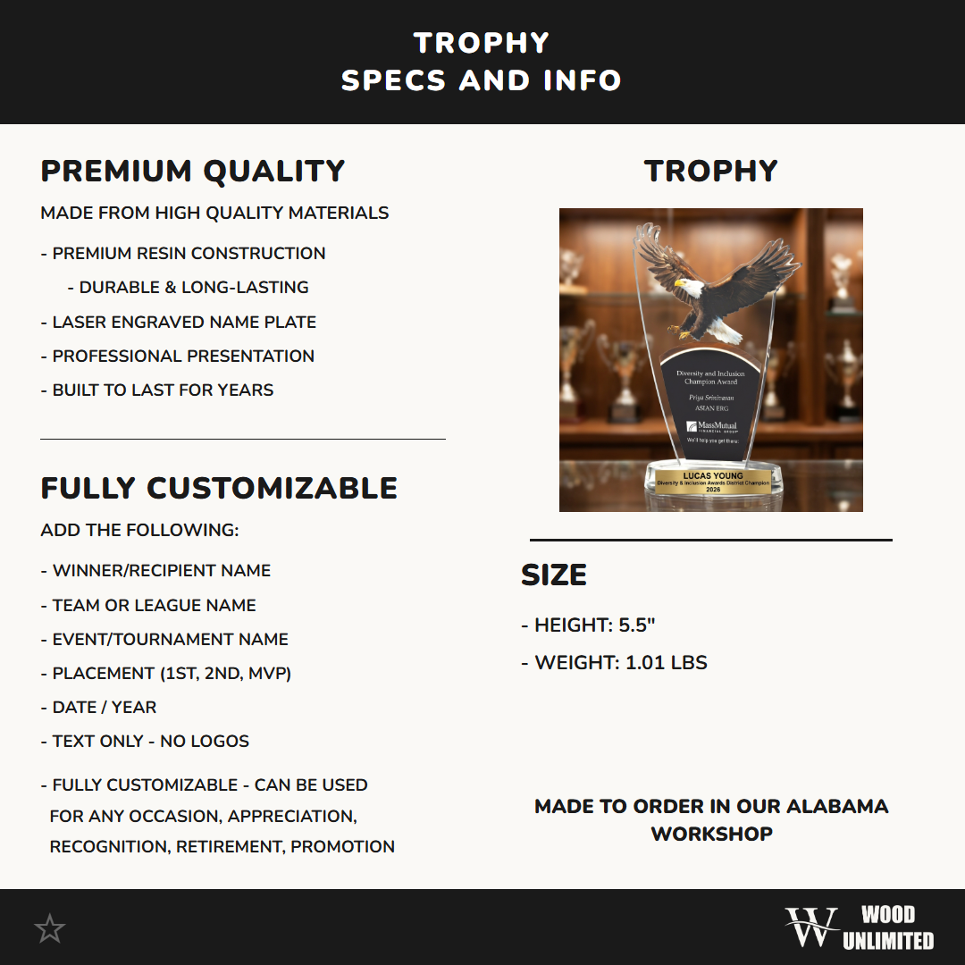 Diversity & Inclusion Awards award size, resin material, and personalization specification chart for custom engraving orders, formatted for Amazon shoppers — featuring Engraved D&I Champion Trophy, a popular choice for Diversity & Inclusion committees for Annual recognition galas