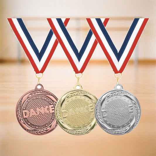 Personalized Dance Medals with Neck Ribbon - Gold Silver Bronze - Custom Engraved