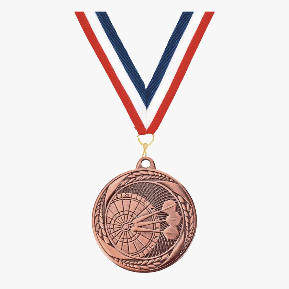 Personalized Darts Medals with Neck Ribbon - Gold Silver Bronze - Custom Engraved