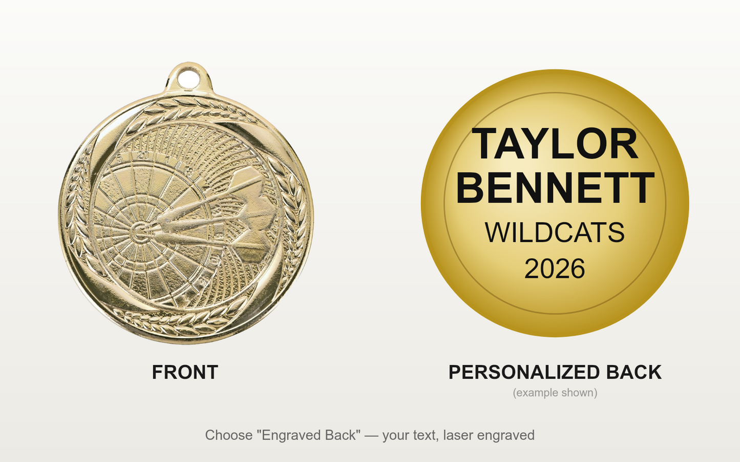 Personalized Darts Medals with Neck Ribbon - Gold Silver Bronze - Custom Engraved