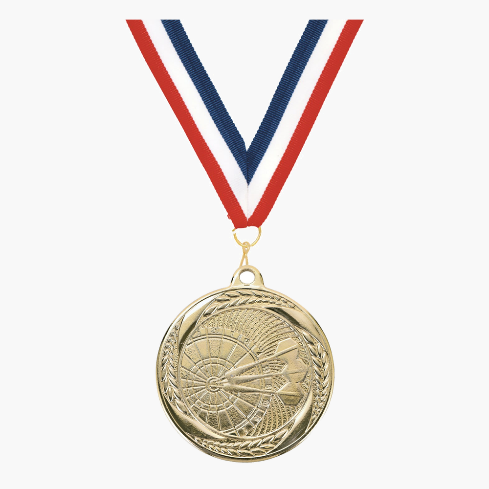 Personalized Darts Medals with Neck Ribbon - Gold Silver Bronze - Custom Engraved