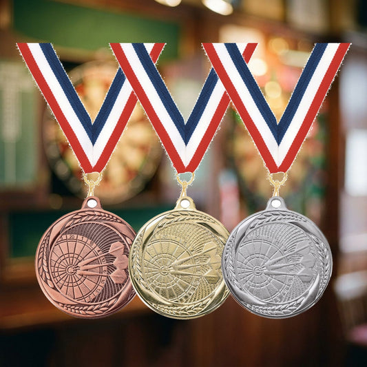 Personalized Darts Medals with Neck Ribbon — personalized laser engraved medals from Wood Unlimited, made to order in Alabama