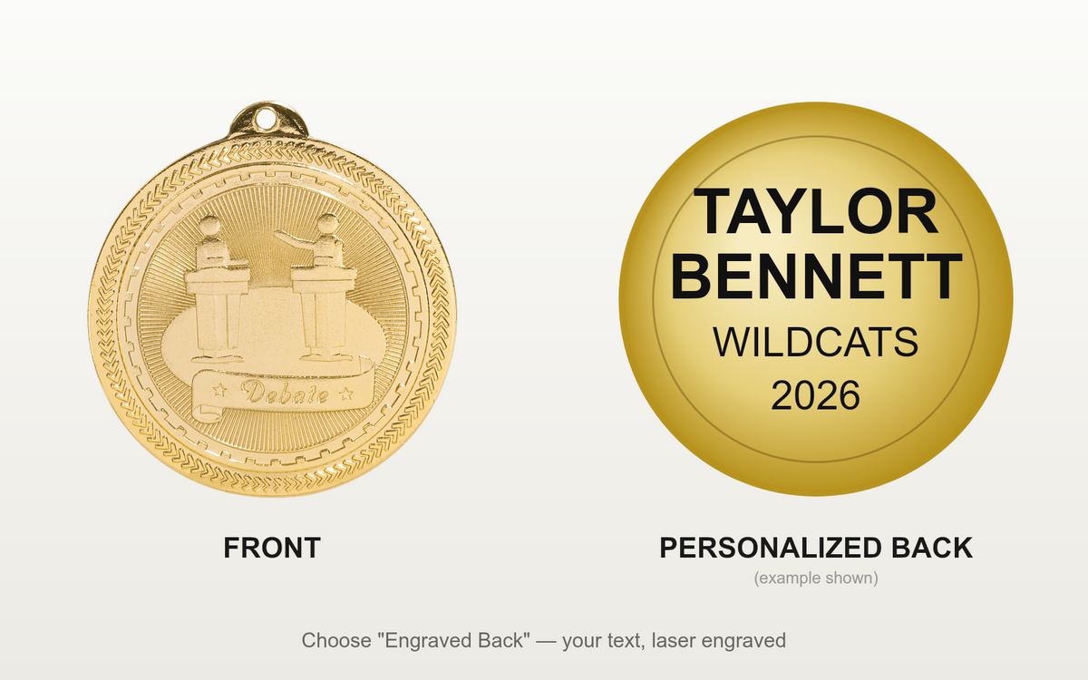 Personalized Debate Medals with Neck Ribbon - Gold Silver Bronze - Custom Engraved
