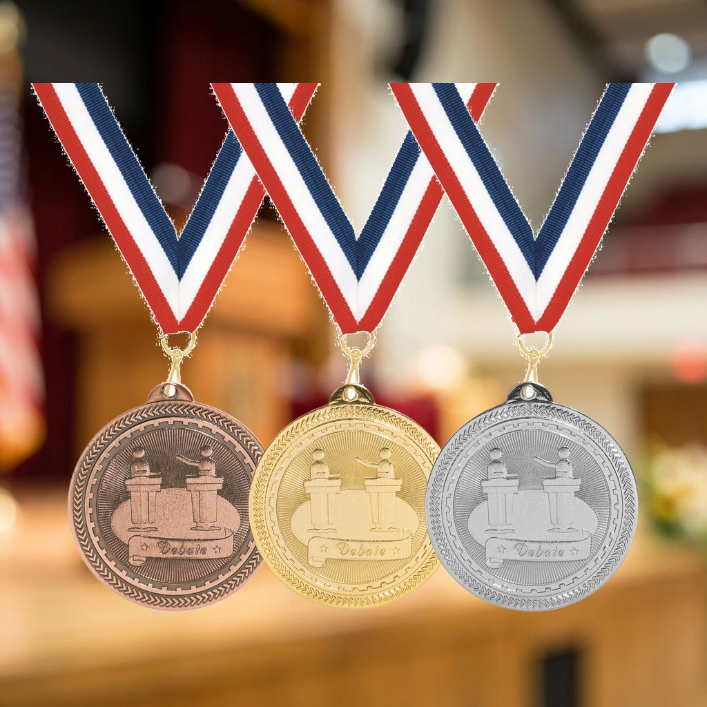 Personalized Debate Medals with Neck Ribbon - Gold Silver Bronze - Custom Engraved