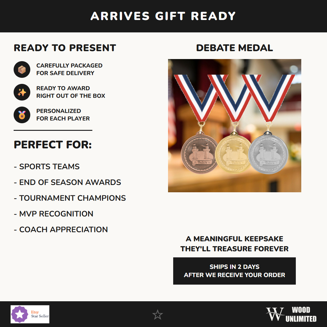 Personalized Debate Medals with Neck Ribbon - Gold Silver Bronze - Custom Engraved