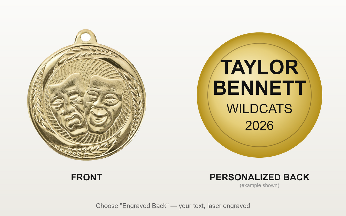 Personalized Drama Medals with Neck Ribbon - Gold - Custom Engraved