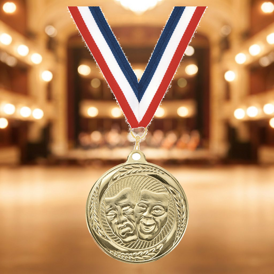 Drama club awards for students — Drama 2" solid metal award medal with neck ribbon, custom engraved for Drama teachers at End-of-season cast party