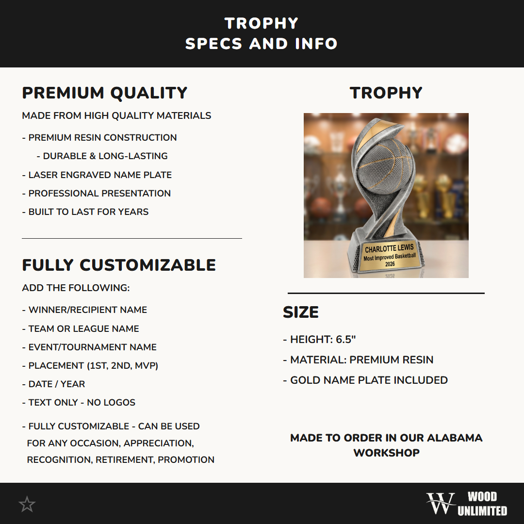 Basketball Trophy | Personalized Award | Custom Name Plate | Laser Engraved | Team MVP | Player Recognition Gift