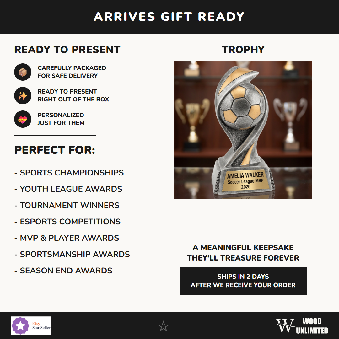 Embrace Resin Soccer trophy with custom text engraving