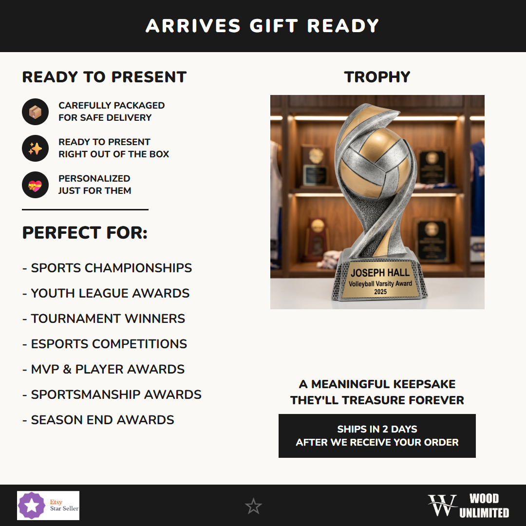 Embrace Resin Volleyball trophy with custom text engraving