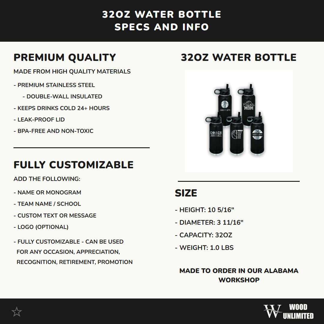 Personalized Basketball Water Bottles - Custom Engraved 32oz Stainless Steel Bottle for Basketball Players and Basketball Coaches