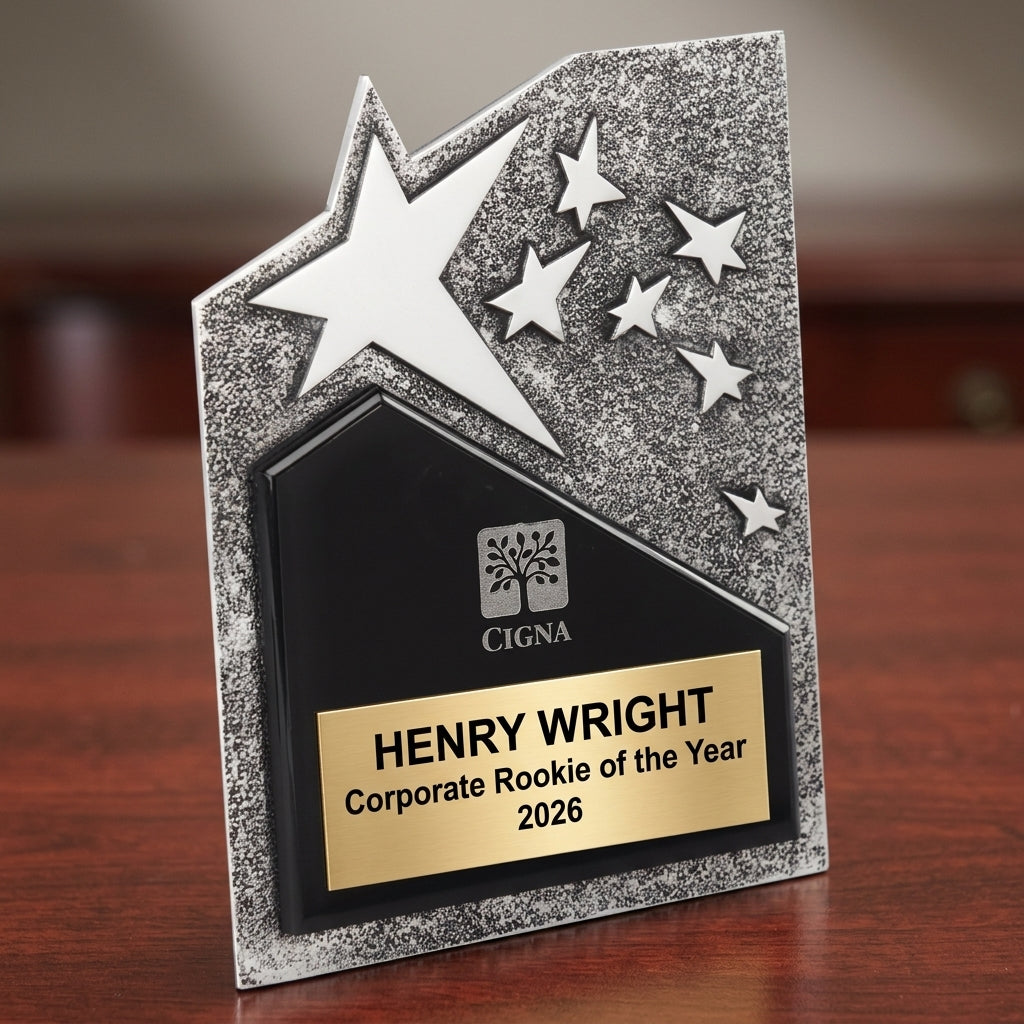 Personalized Corporate award angled view showing the resin finish and custom engraving detail — featuring Resin rising star award for employee appreciation, a popular choice for Team managers for Team recognition meetings
