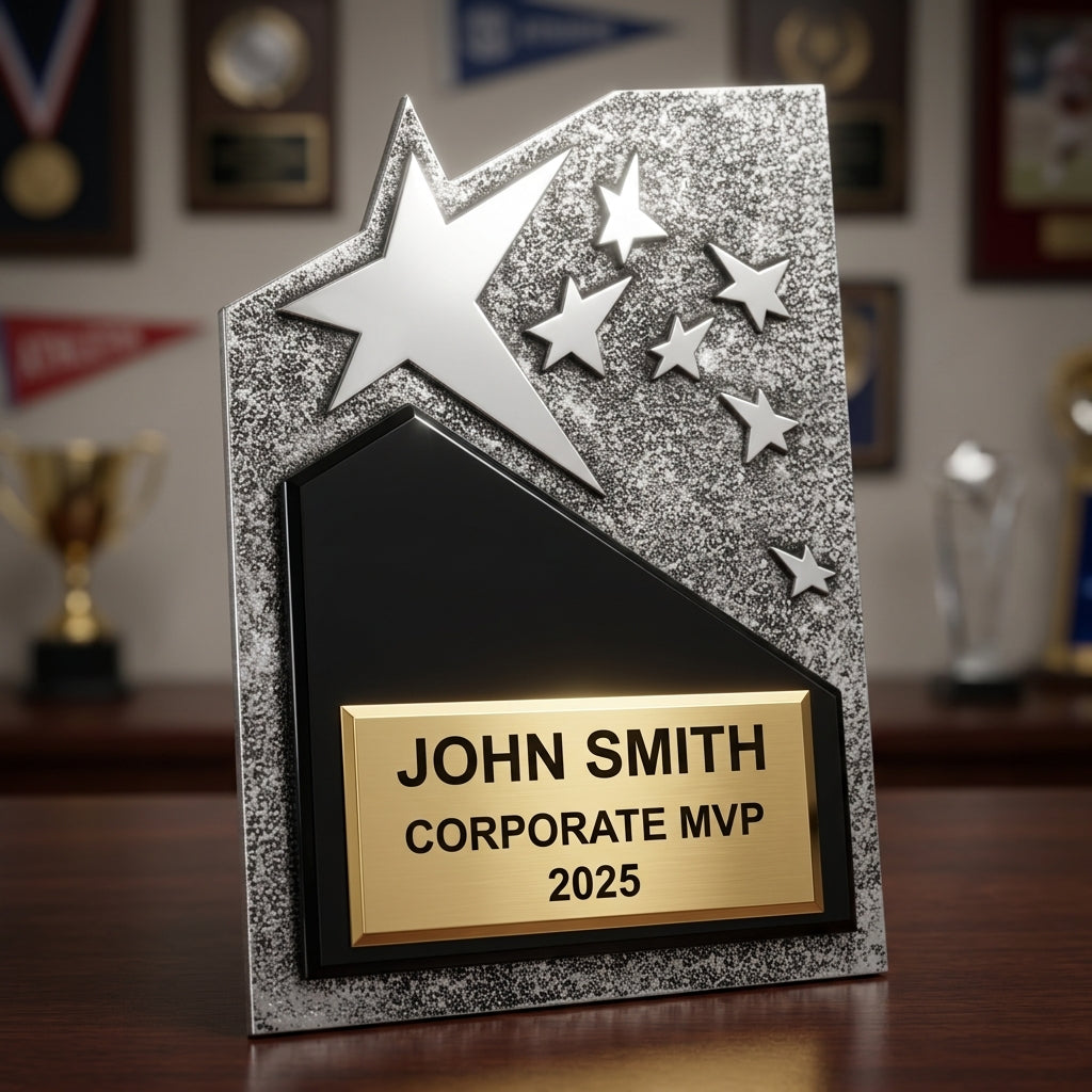 Close-up of the custom engraved name plate on a personalized Corporate award (resin) — featuring Bulk employee achievement awards for businesses, a popular choice for Corporate event planners for Leadership conferences