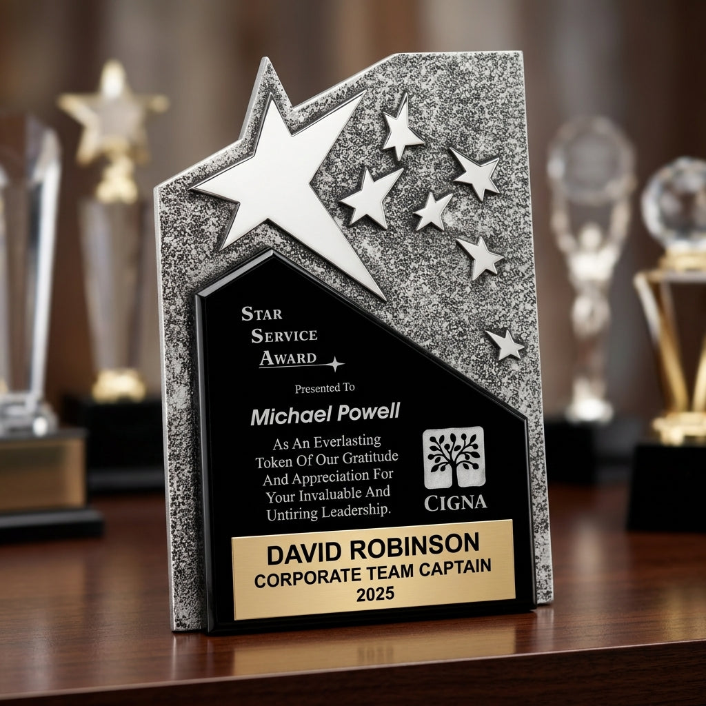 Personalized Corporate award styled for gifting, custom laser engraved in resin — featuring Engraved star award for outstanding leadership, a popular choice for Companies for Service anniversary celebrations
