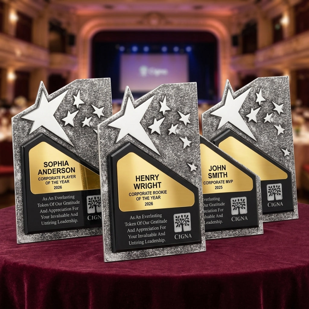 Multiple personalized Corporate awards displayed together for a banquet or team order, each custom engraved in resin — featuring Customizable service milestone award for companies, a popular choice for Non-profits for Annual company galas