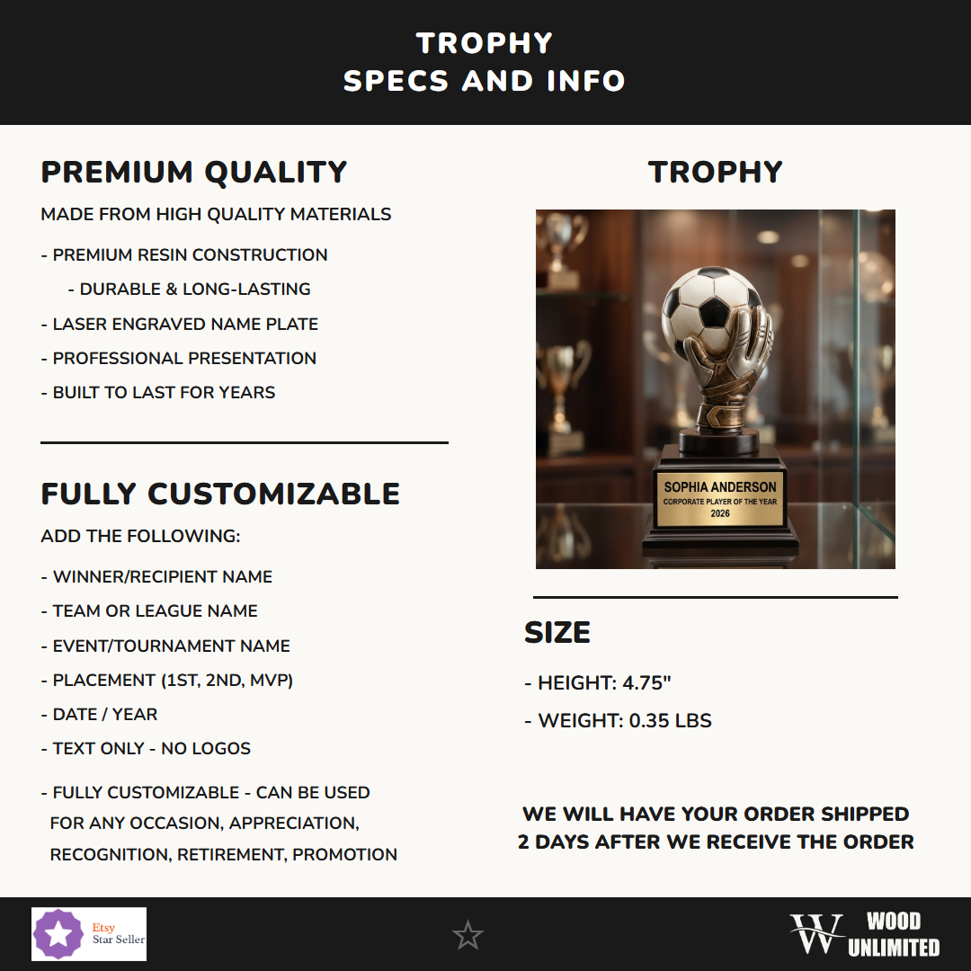 Corporate award size, resin material, and personalization specification chart for custom engraving orders — featuring Custom corporate leadership recognition plaque, a popular choice for Business owners for Team recognition meetings