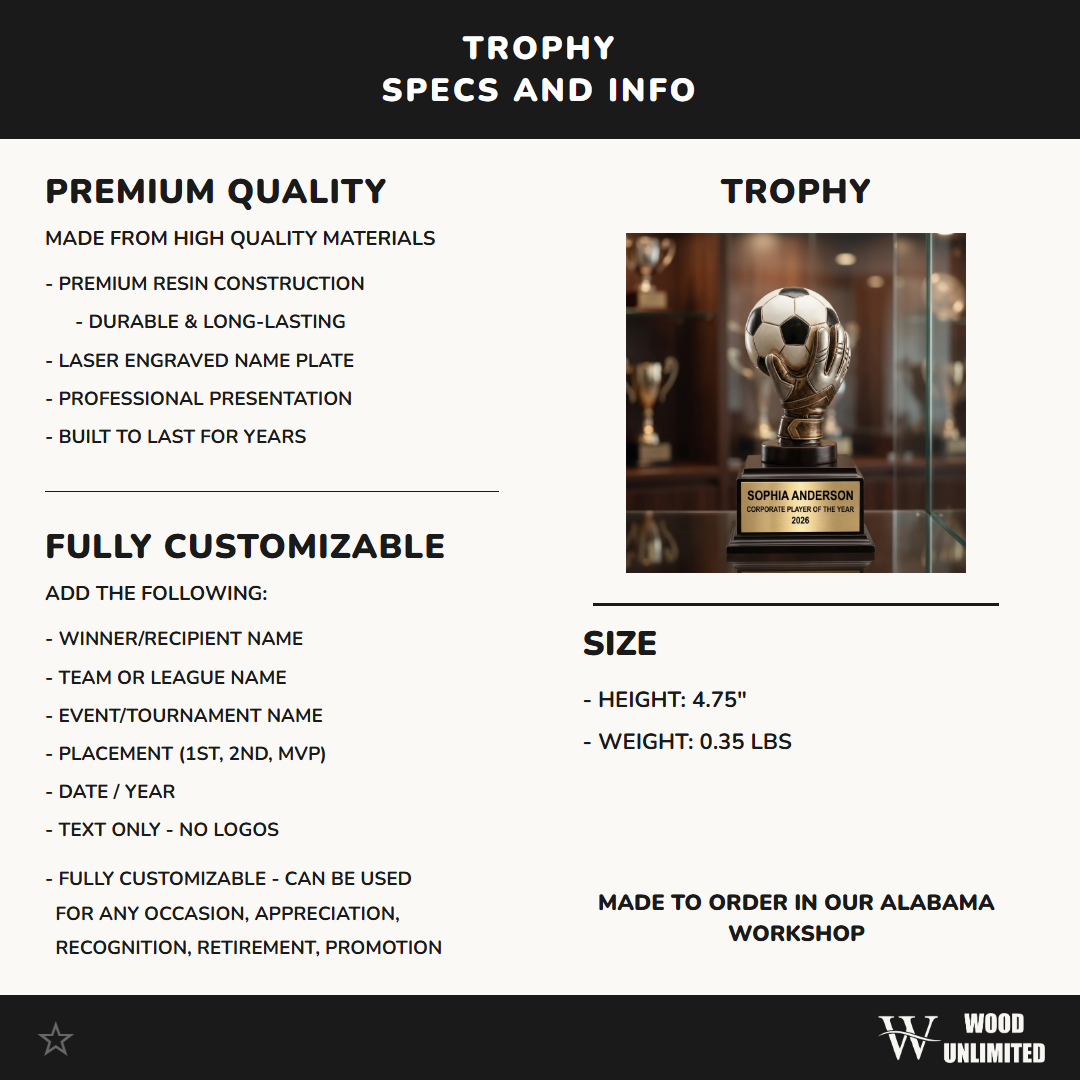Corporate award size, resin material, and personalization specification chart for custom engraving orders, formatted for Amazon shoppers — featuring Personalized employee service award with engraving, a popular choice for HR departments for Corporate award ceremonies