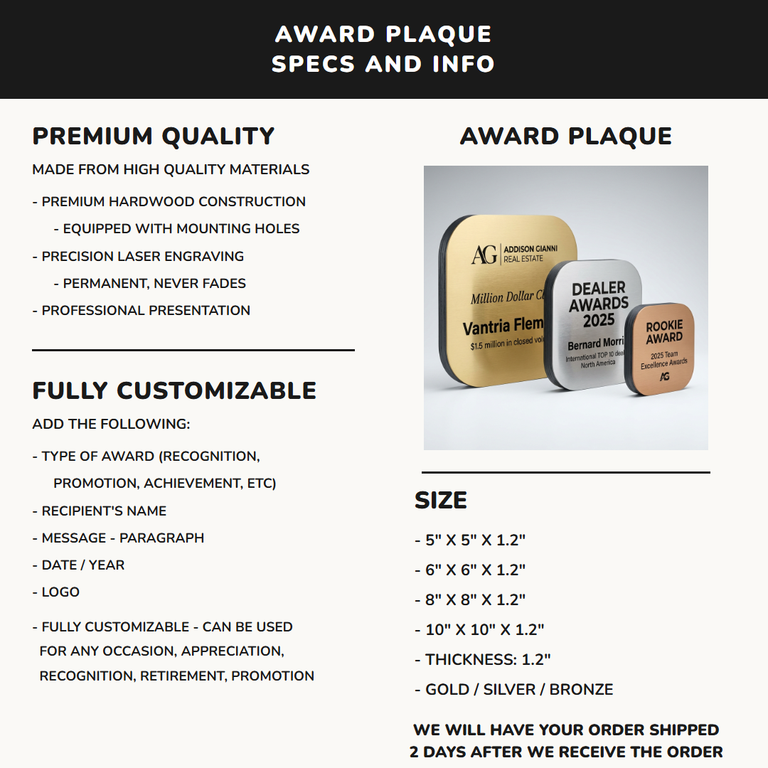 Custom Employee Recognition Award Plaque, Personalized Corporate Trophy, Laser Engraved Business Awa - back view