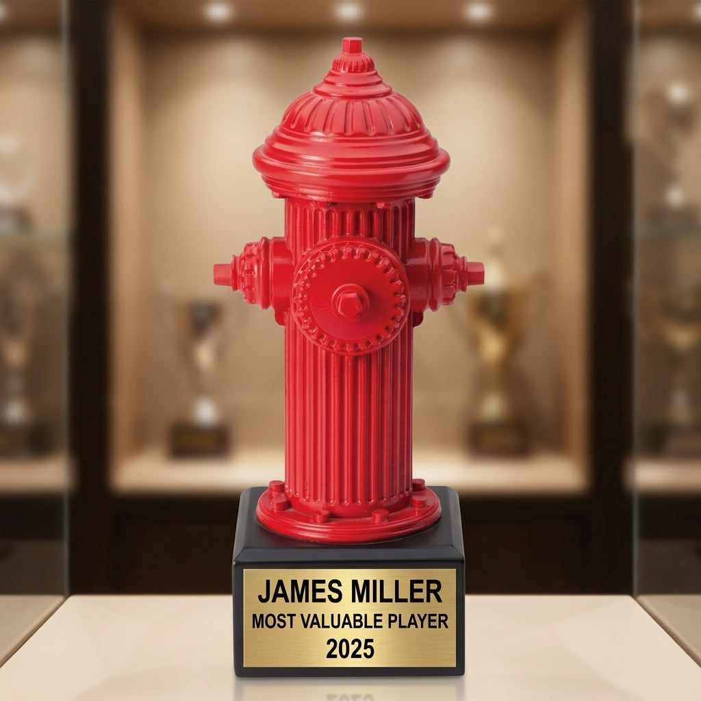 Personalized 9.75-inch firefighter trophy with custom laser-engraved gold nameplate on weighted base for awards and recognition