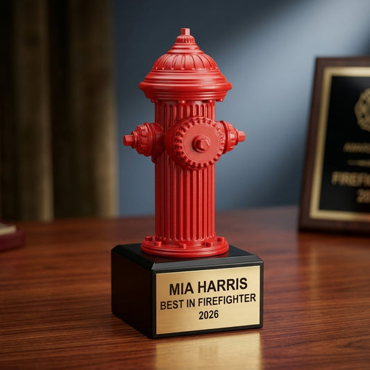 Firefighter trophy specifications showing 9.75-inch height, gold finish, resin construction, and personalization options