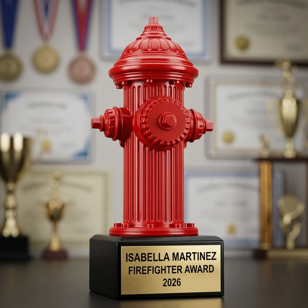 Firefighter trophy banquet display with multiple personalized awards featuring custom laser engraving