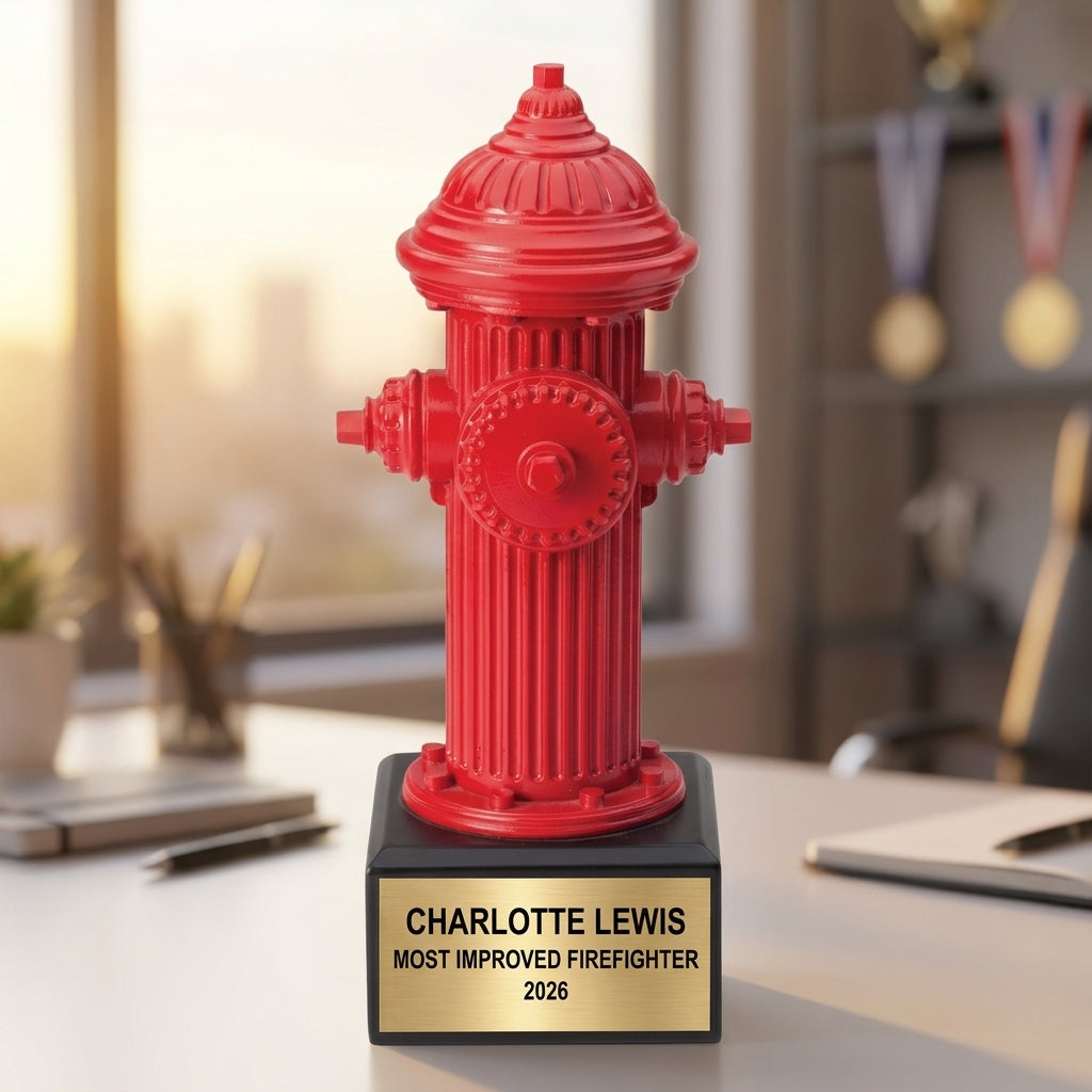 Close-up of laser-engraved gold nameplate on personalized firefighter trophy showing custom name, achievement, and year