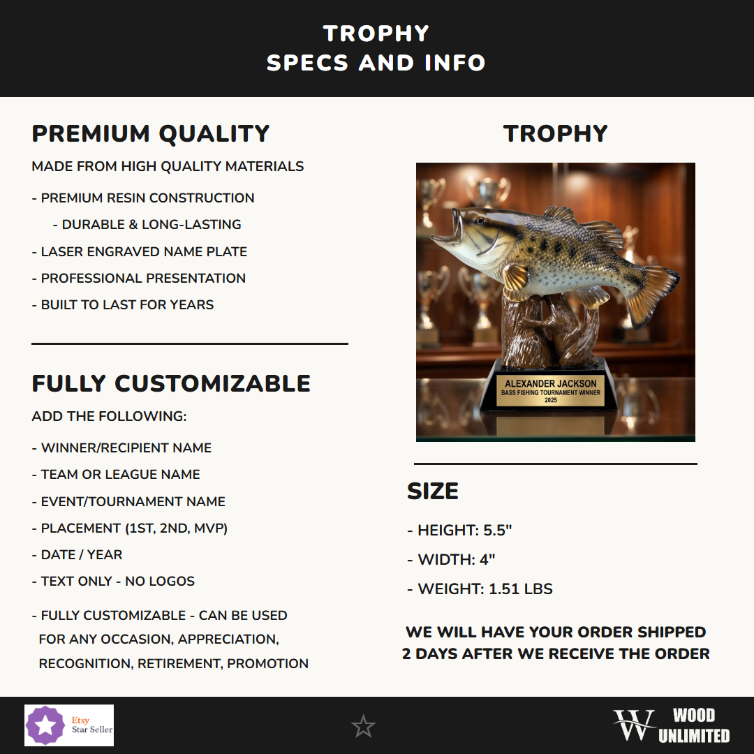 Bass Fishing Trophy - Personalized Angling Award - Custom Engraved Name Plate