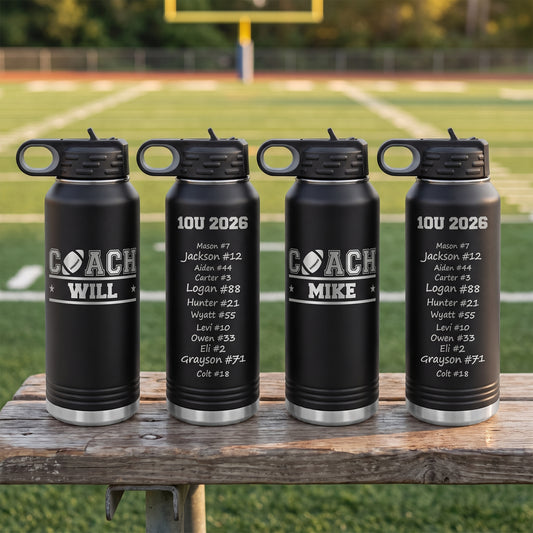 Personalized football coach water bottles with the COACH football logo and coach name engraved on the front and player signatures on the back