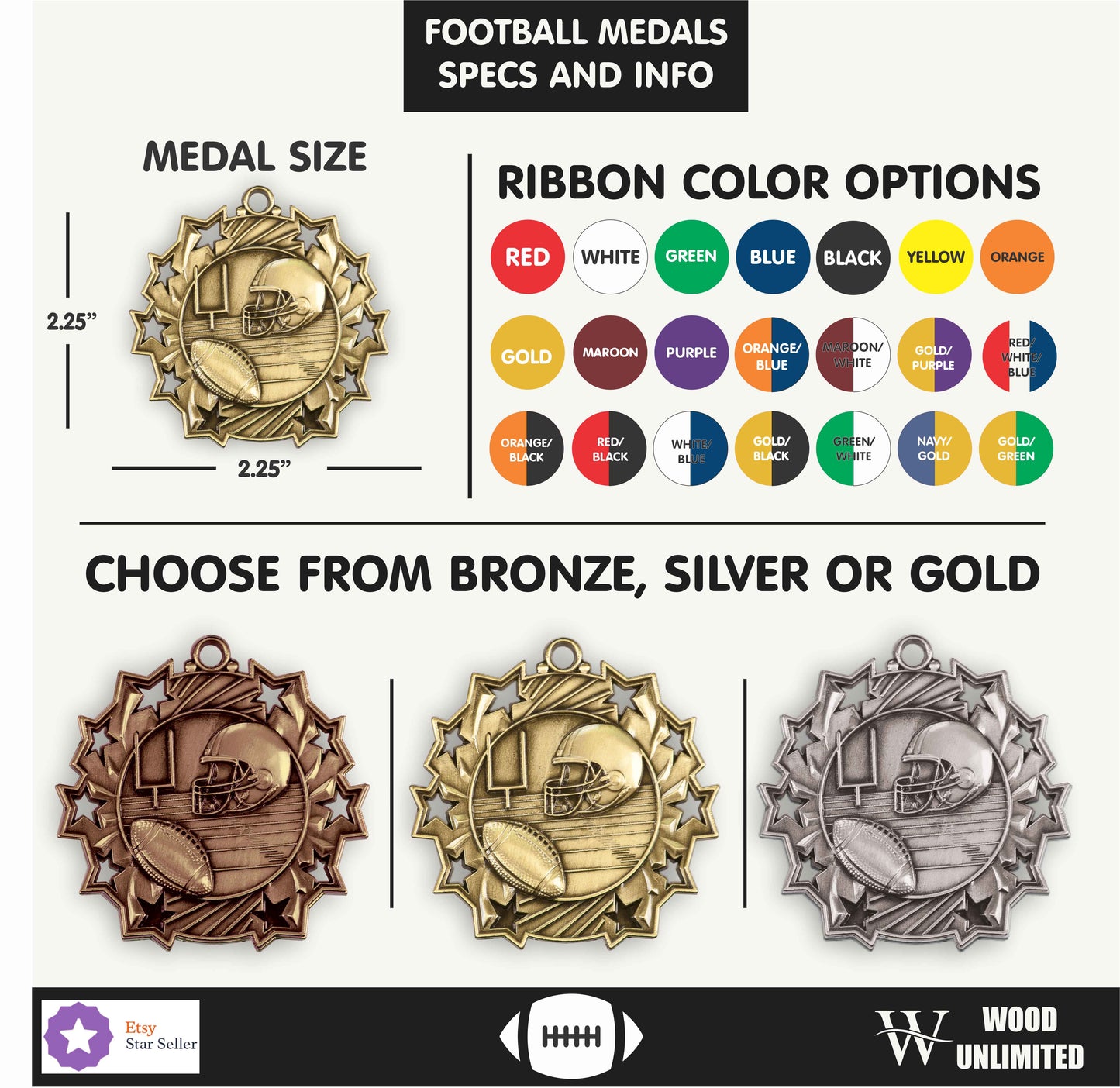Personalized Football Team Medals, Football Player Medallions with Neck Ribbon, Football Player Awards for Players and Coa...