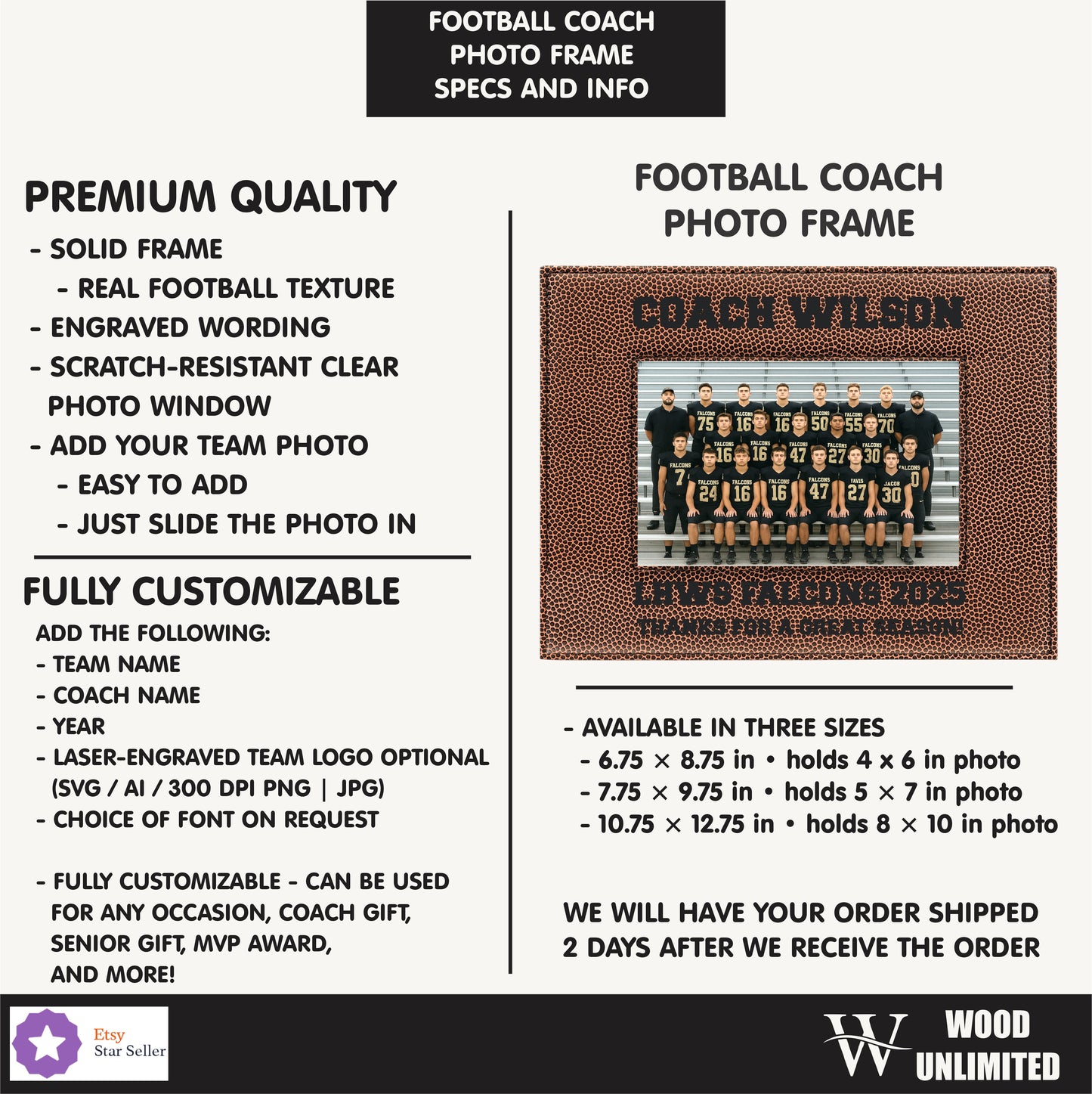 Football coach photo frame with customizable features and team photo included.