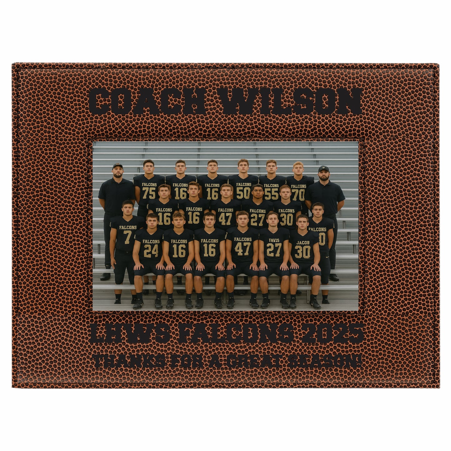 Football-themed photo frame with a team picture and personalized text