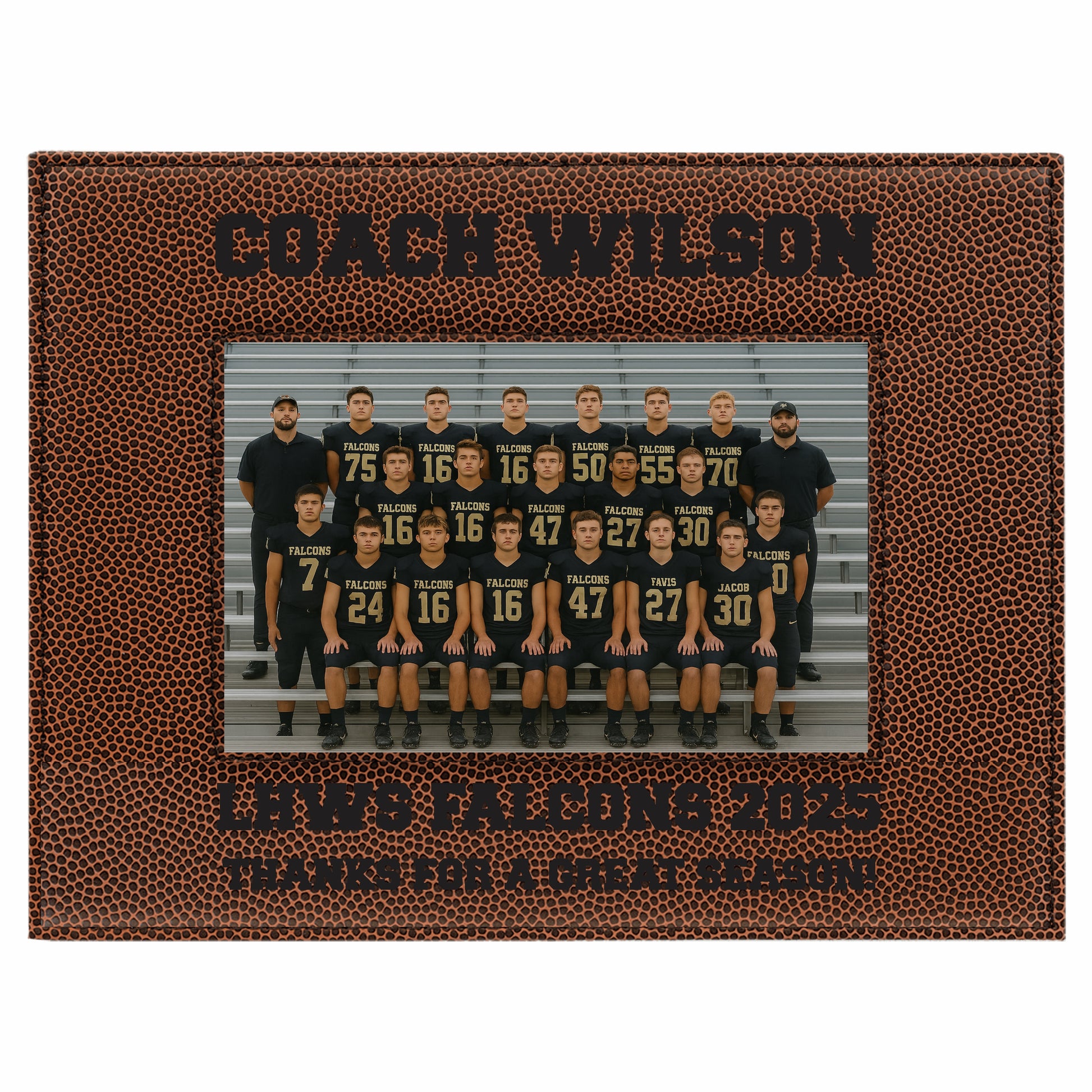 Football-themed photo frame with a team picture and personalized text