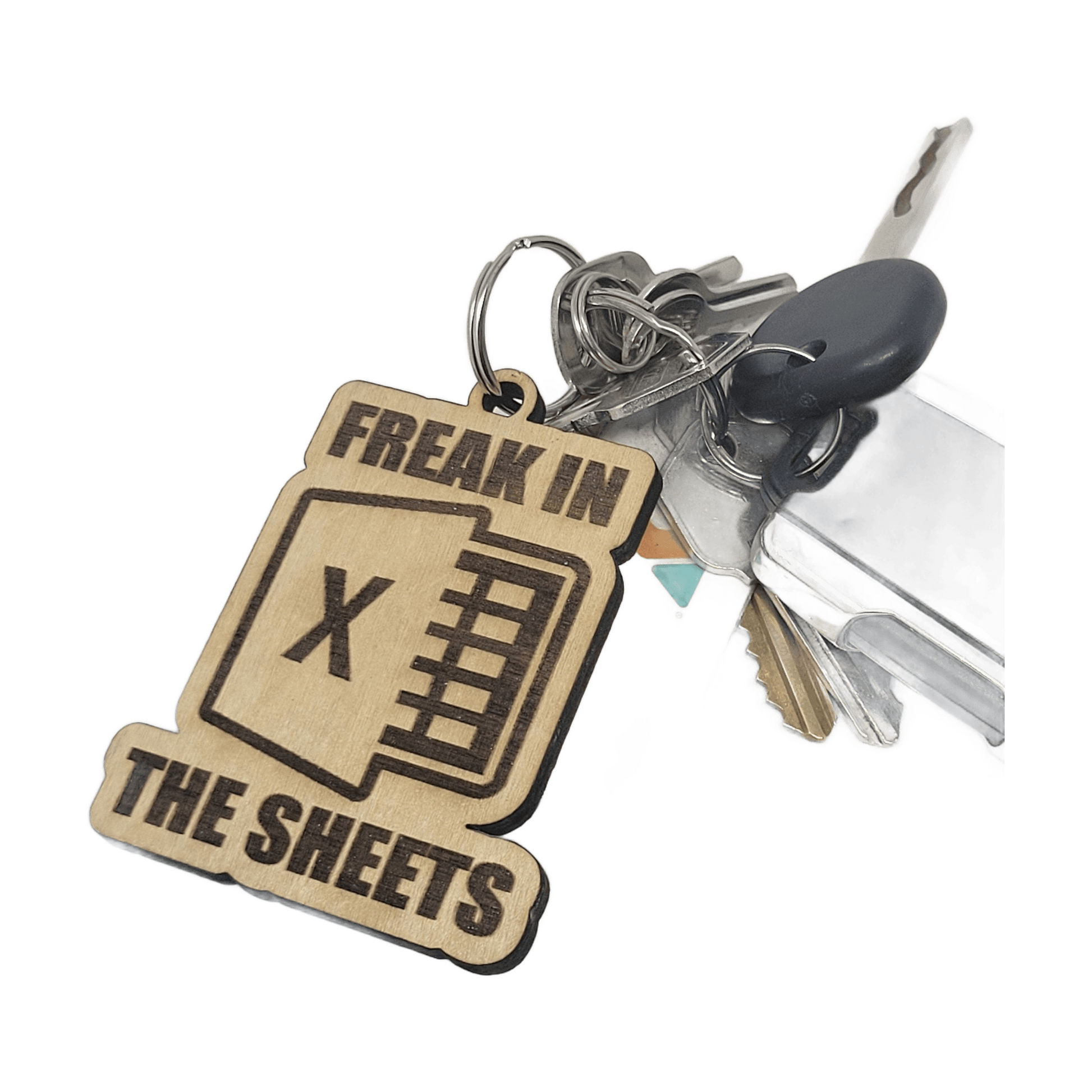 Freak in the Sheets Funny Keychain - Microsoft Excel Wooden Keychain Accountant Gift - engraving detail