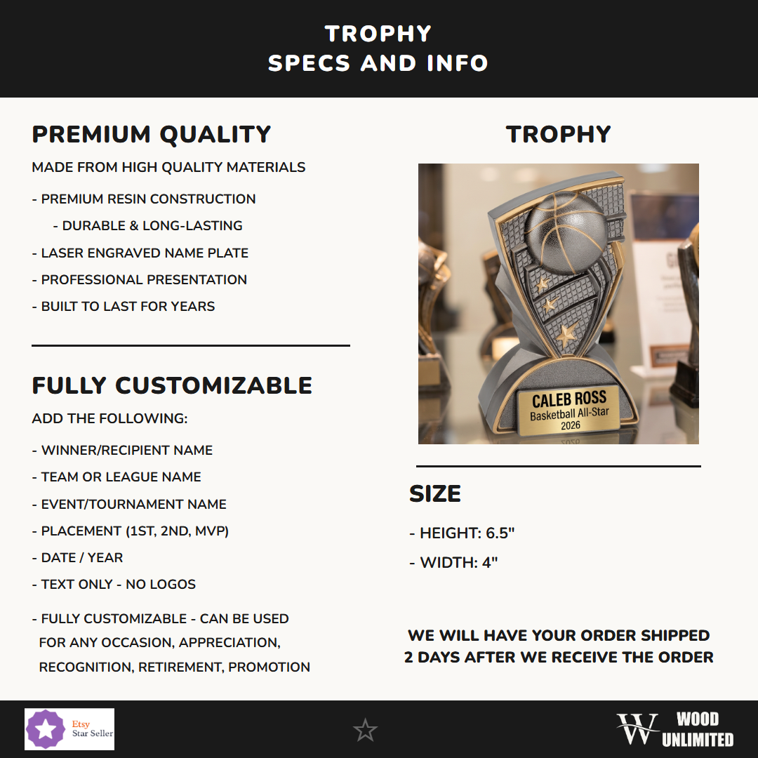 Personalized basketball trophy with custom engraved name plate - angled view