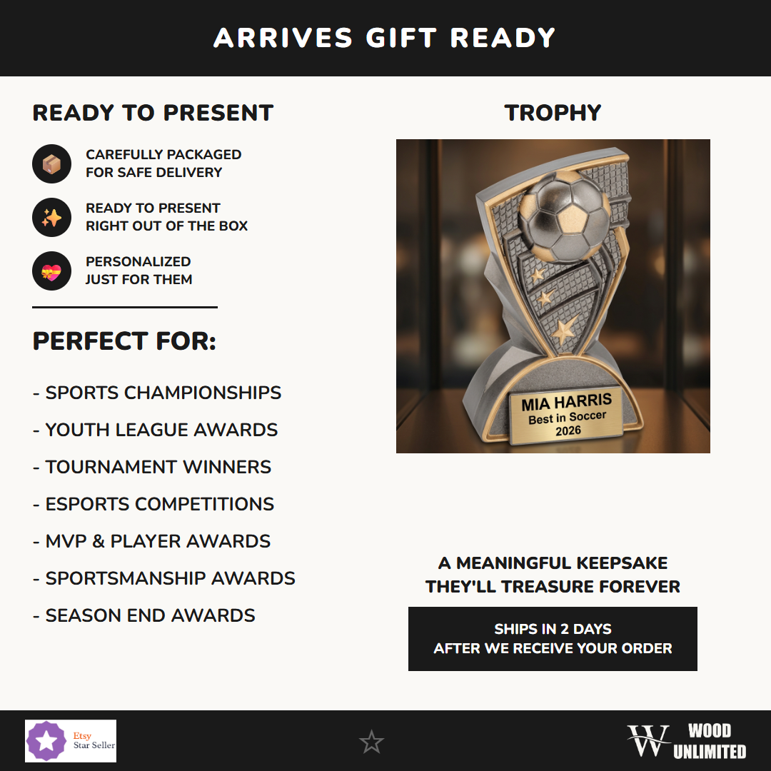 Graphite Awards Soccer trophy with custom text engraving