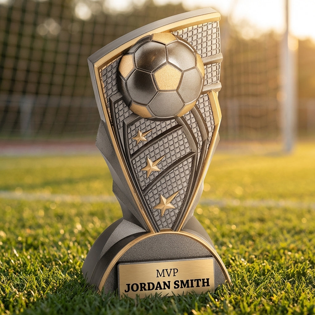 Personalized Soccer Trophy 7.75"/9" - Custom Engraved Youth League MVP Award, Coach Gift for Team Banquet & Tournament — hero v3