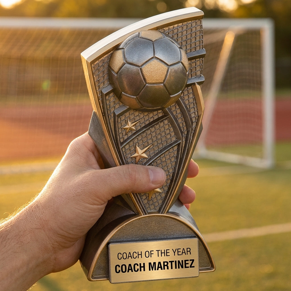 Personalized Soccer Trophy 7.75"/9" - Custom Engraved Youth League MVP Award, Coach Gift for Team Banquet & Tournament — hero v5