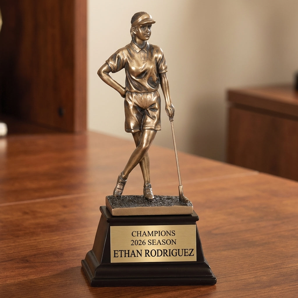 Personalized Female Golf Trophy 9"/9.5" - Custom Engraved RSN AWRD for Team, Coach & MVP Awards - View 2